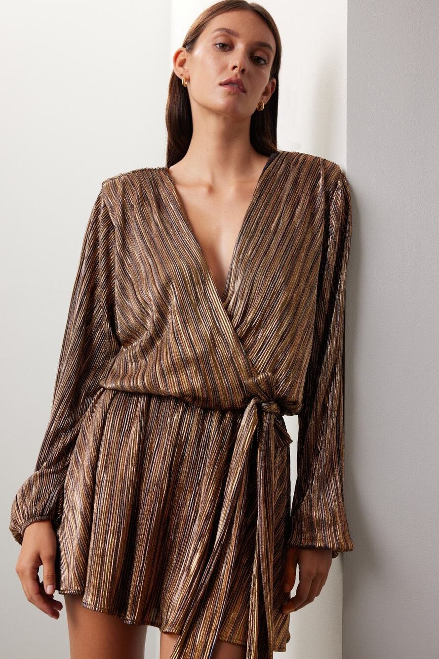 RAMY BROOK Multicolor Metallic A-Line Long Sleeves Elise Vincy Dress Size Small